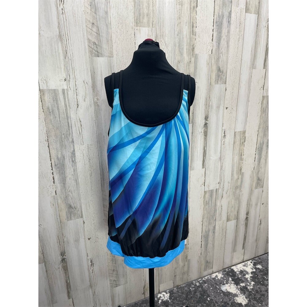 Womens Tankini Swim Top Size 3x Blue Black ISwirl Print Adjustable Straps SKU633